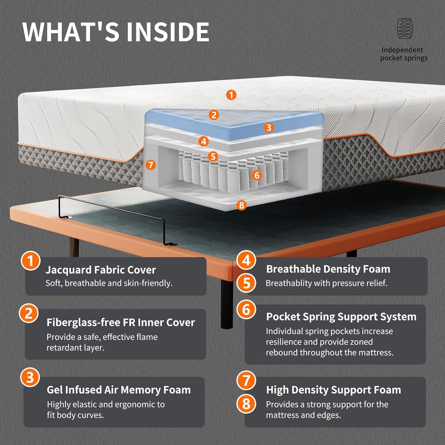 12" Hybrid Mattress King(Medium) + Adjustable Bed Frame - Luxury Gel Memory Foam, Upholstered Bed Base with Massage, Wireless Remote, USB, under Bed Night Light, Head and Foot Incline