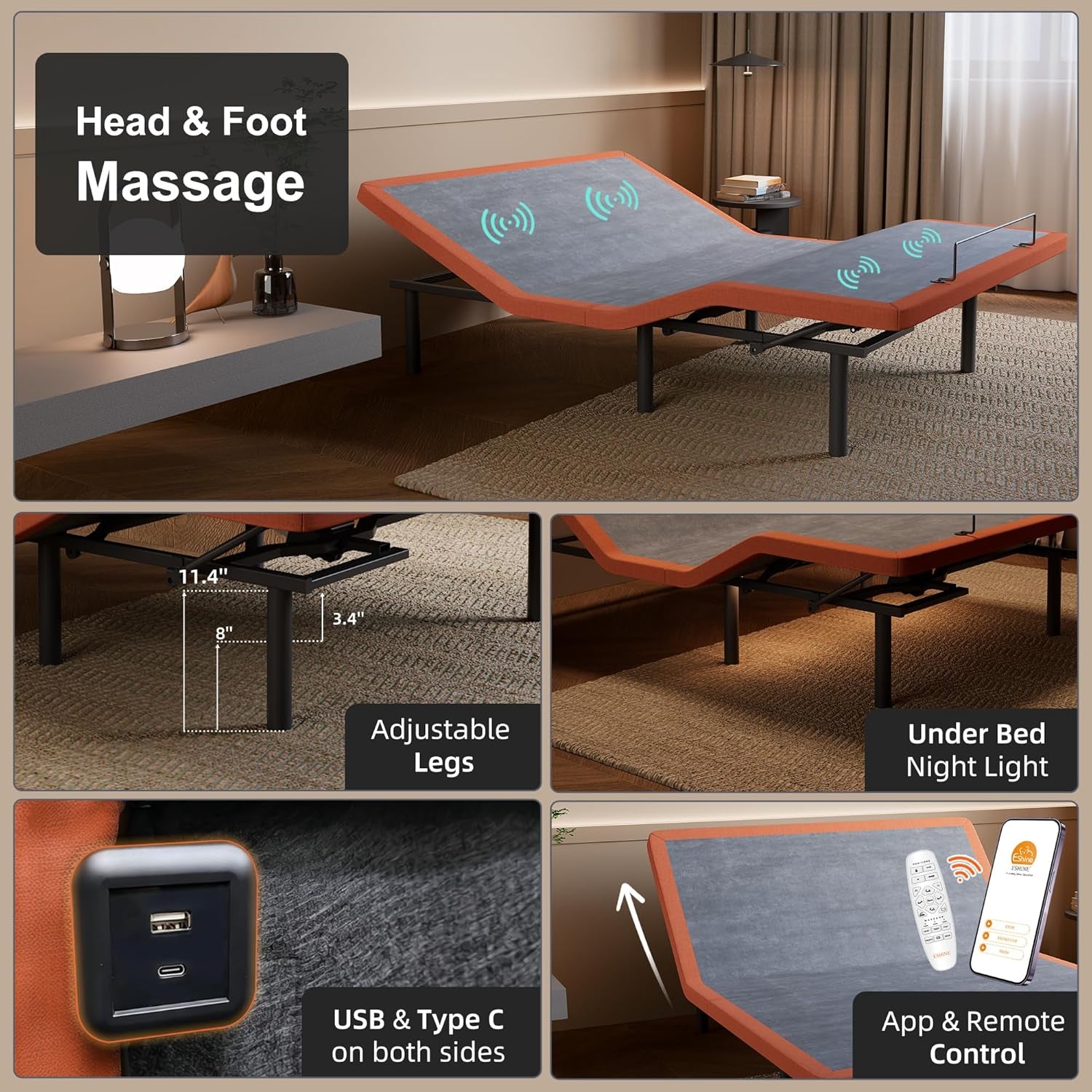 Adjustable Bed Frame + 14" Hybrid Mattress Twin XL, 3000 Series | Luxury Gel Memory Foam(319 Pocket Springs)With Massage, Wireless Remote, USB, under Bed Night Light, Medium Soft