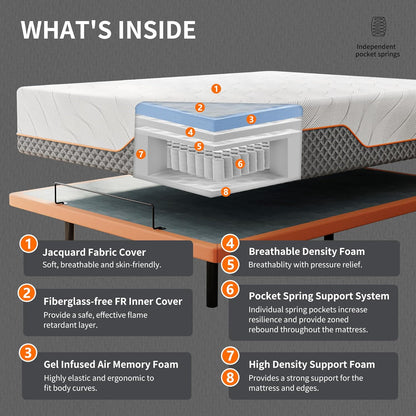 Adjustable Bed Frame + 14" Hybrid Mattress Twin XL, 3000 Series | Luxury Gel Memory Foam(319 Pocket Springs)With Massage, Wireless Remote, USB, under Bed Night Light, Medium Soft