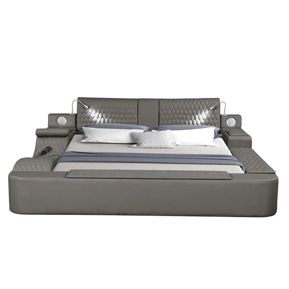 Smart Multifunctional Queen Size Bed Made with Wood in Gray